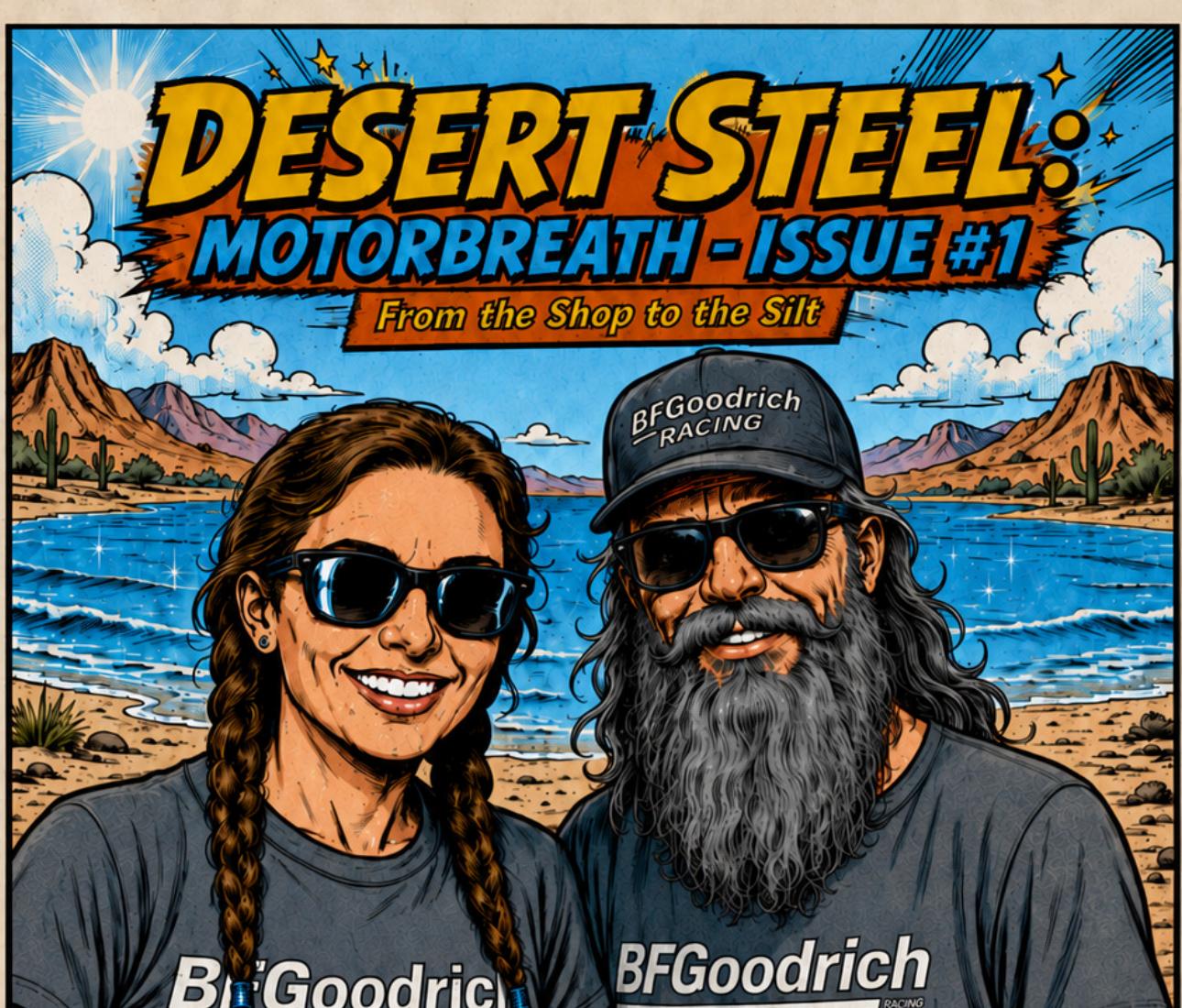 Comic book cover art of Kristen and Erin Flaherty in BFGoodrich shirts on a Baja beach