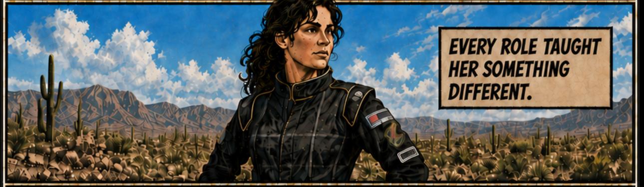 Comic panel of Kristen Flaherty in a black race suit in the Sonoran desert