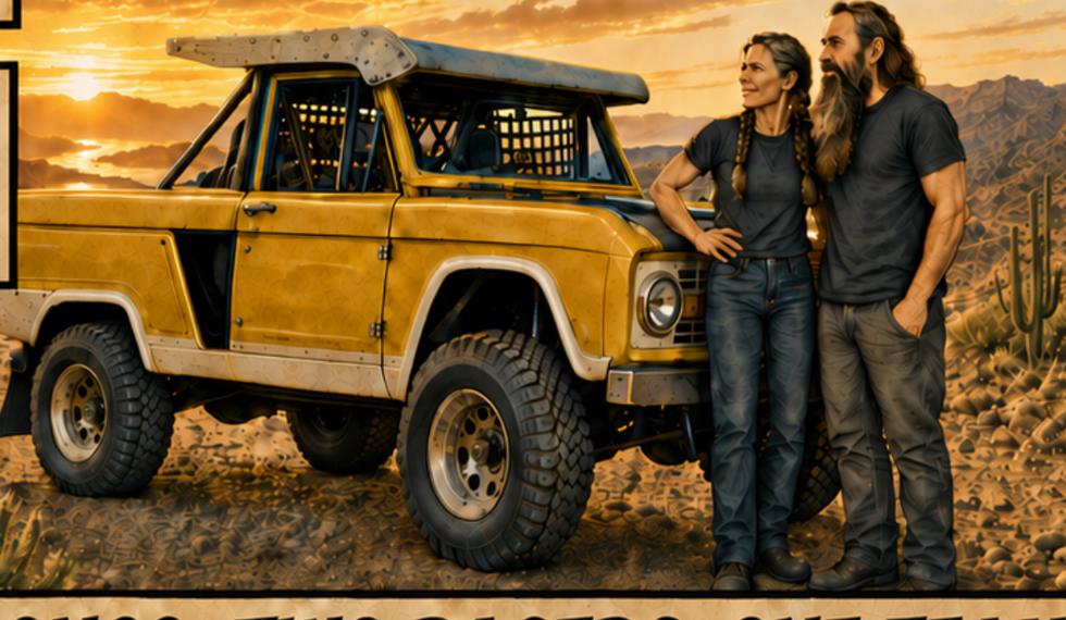 Comic panel of Kristen and Erin beside the yellow Motorbreath Bronco at sunset in Baja